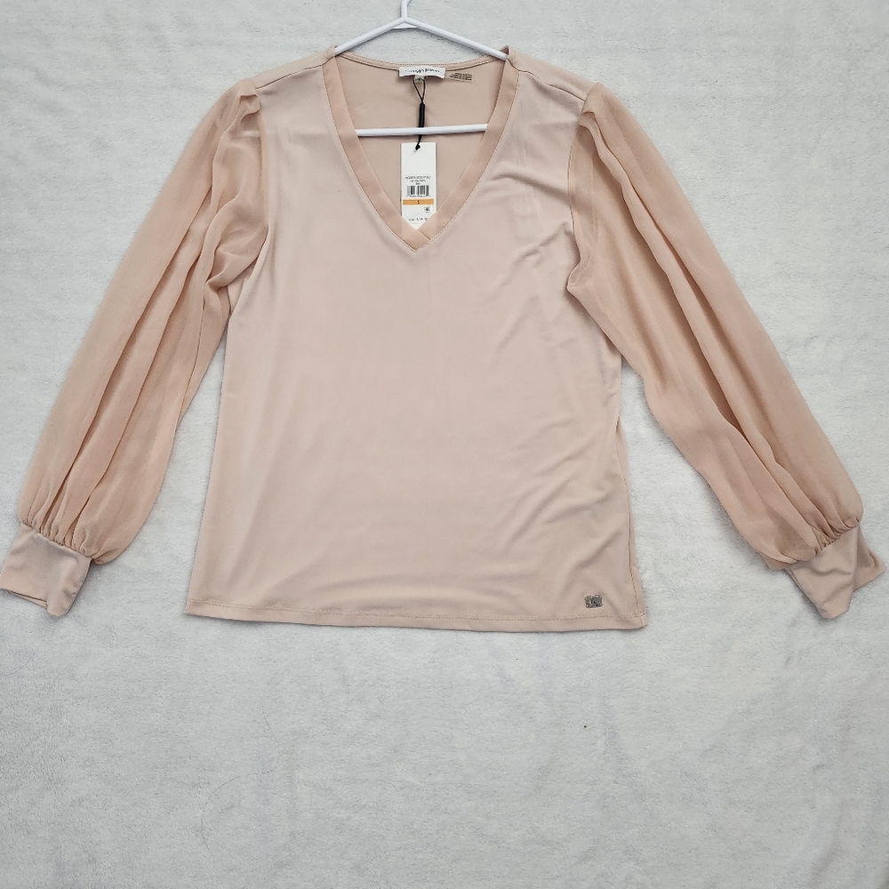 CALVIN‎ KLEIN Women's Long Sleeve V Neck Lightweight Sheer Stretch Top Small NWT